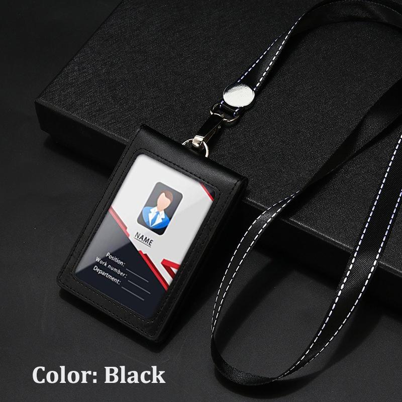 Ausweishalter aus echtem Leder, Schlüsselanhänger, Geldbörse, Umhängeband mit drehbarem Haken für Karten, Visitenkarten, Abzeichen, Buskarten, Zugangskarten, Ausweise schwarz