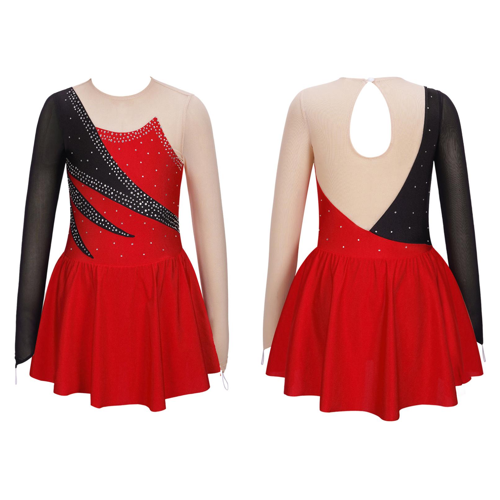 Kinder Mädchen Langarm Eiskunstlauf Kleid Glänzenden Strass Sheer Mesh Tutu Ballett Gymnastik Tanz Trikot Kleid Dancewear 7-8 Years rot