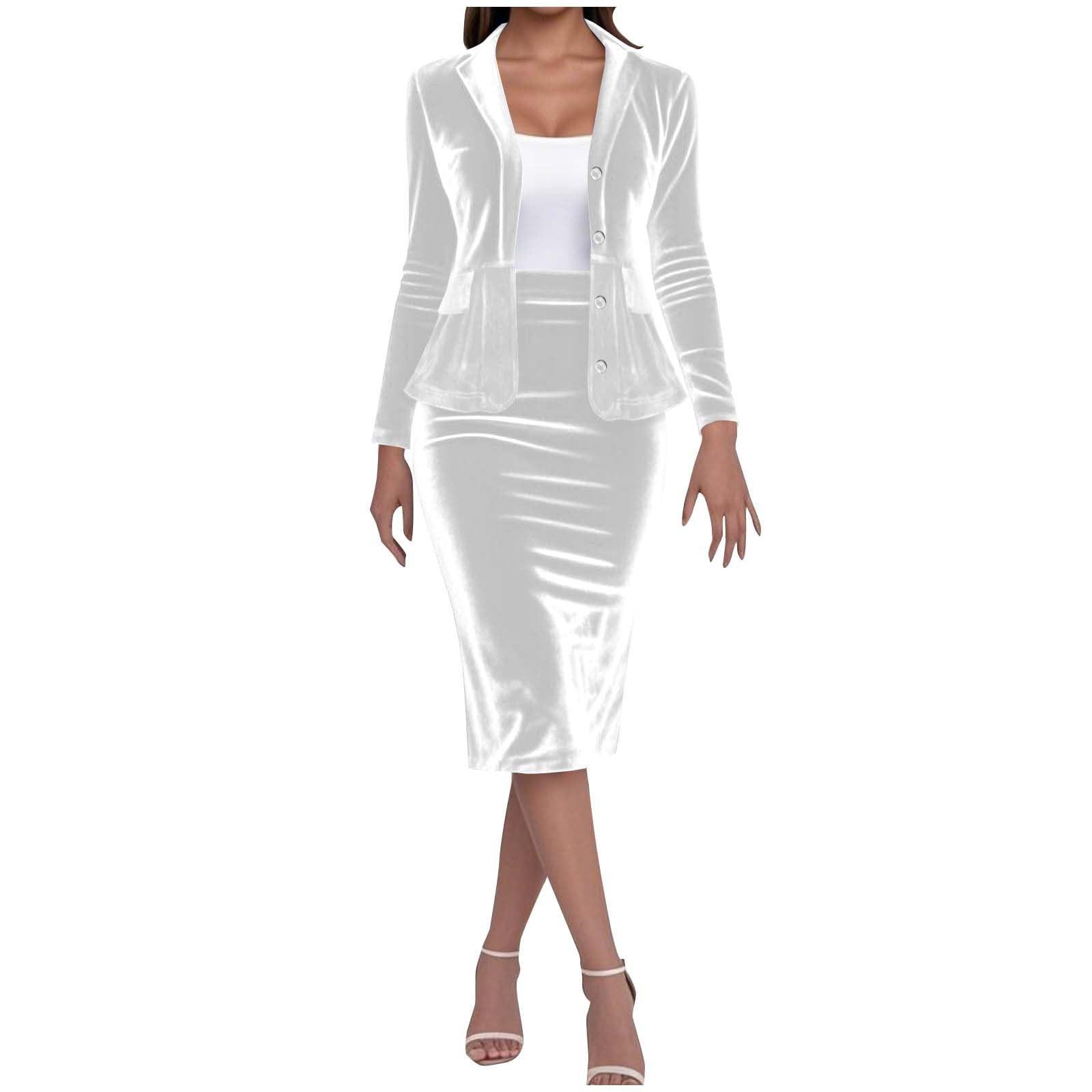 Damen 2-teiliges Samt-Anzug Rock-Set Business Arbeitsoutfit Jacken mit Rock L weiß
