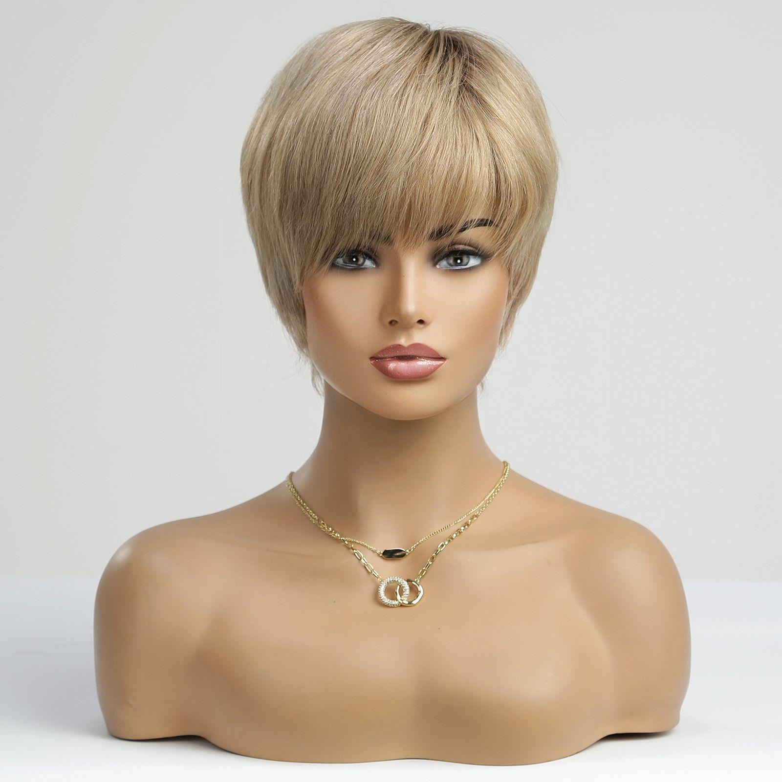 HAIRCUBE Kurze cremige blonde 100 % Echthaar-Perücken für Frauen, gerade Pixie-Schnitt-Perücke mit Pony, leimlose Perücken, natürlich, für den täglichen Gebrauch brown