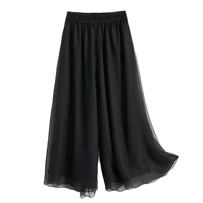 1PC Atmungsaktive Hosen mit weitem Bein Polyester Hosen Chiffon Hosen Hosen Dünne Flowy Swing Sommer Frauen 2XL schwarz