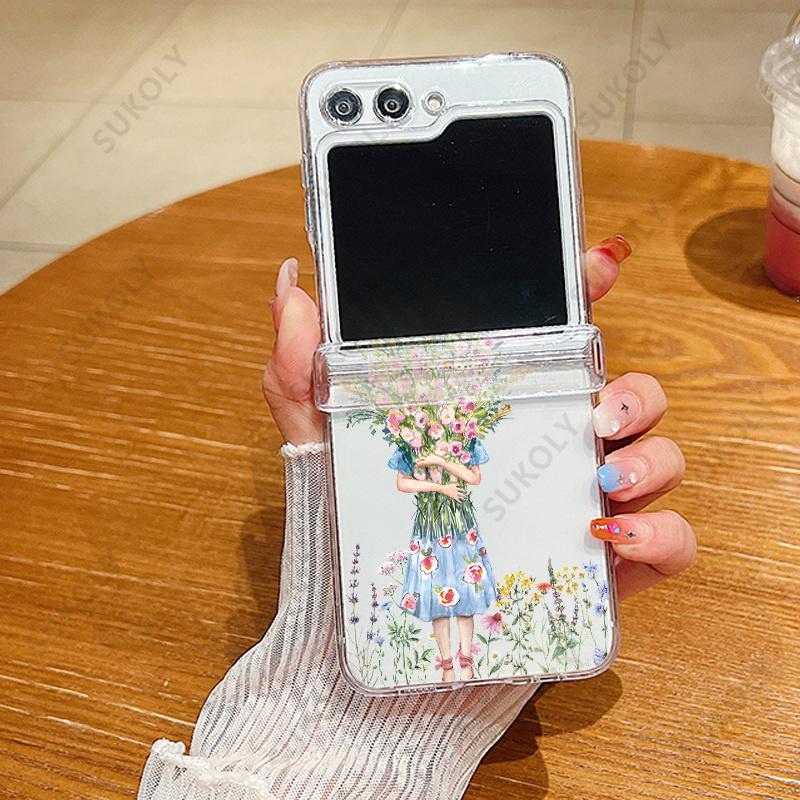 Blumige Transparente Faltbare Handyhülle Für Samsung Galaxy Z Flip 6 5 4 3 Harte Rückseite Für Samsung Galaxy Z Flip6 Flip5 Flip4 For Galaxy Z Flip 5 black