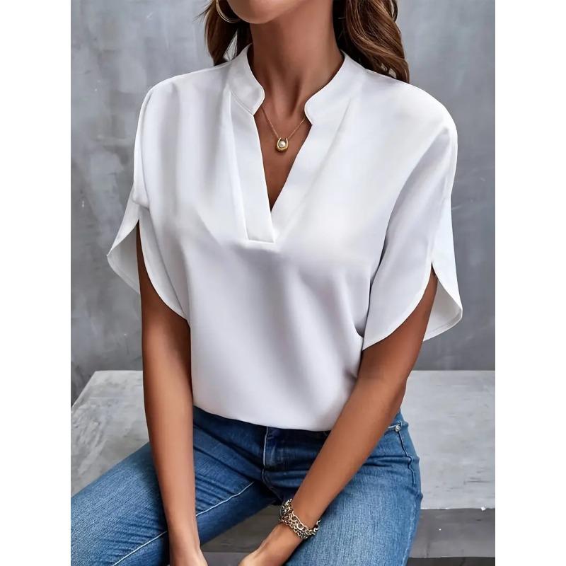 VEZFAA Damenmode, lässig, Sommer, Frühling, einfarbig, bedruckt, kurzärmelig, V-Ausschnitt, Blusen und Hemden M weiß