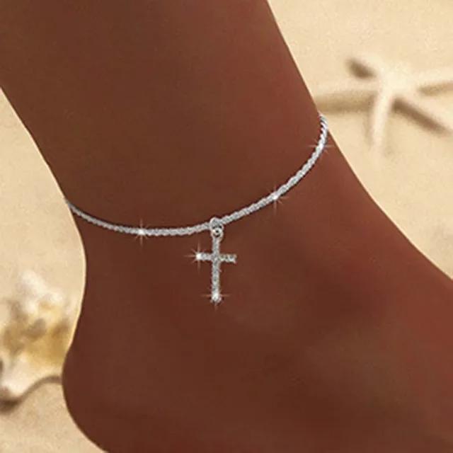 Funkelnde dünne Kette Fußkettchen für Frauen Zirkon Herz Kreuz Anhänger Doppelschicht Armband am Bein Fuß Trendy Sommer Strand Schmuck