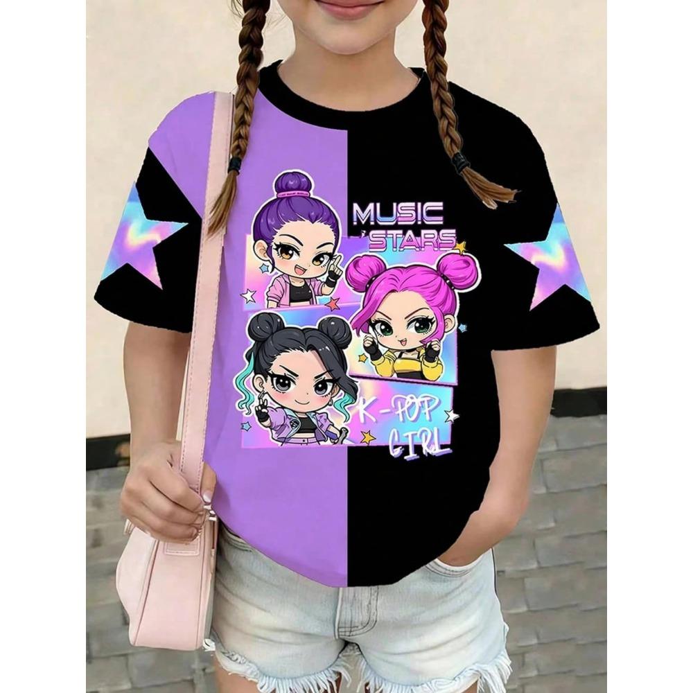 Kpop Cartoon Grafik Mädchen T-Shirt Lässiges Rundhals-T-Shirt Geeignet für Mädchen Kinder Geschenk Kurzarm-Oberteile Kinderbekleidung 100
