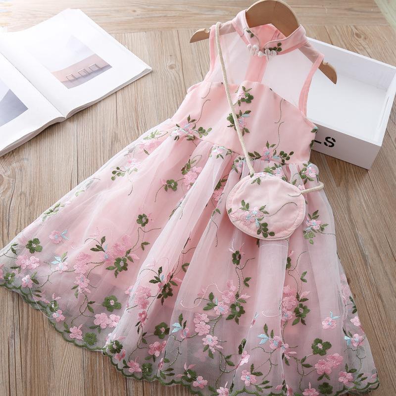 Rosa besticktes süßes Lolita-Mädchen-A-Linien-Kleid Kinderkleidung Mädchen Prinzessin Rock Schnitt Weste Mesh Rock Dünn Sommer 140 rosa