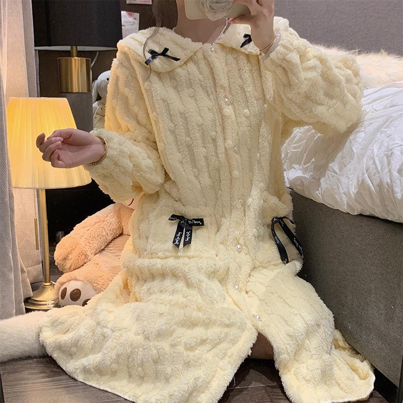 Süßer Prinzessinnenstil Pyjama Winter Korallenfleece Pyjama Damen Lässig Warmer Bademantel Lockerer Pyjama mit Taschen 2XL gelb
