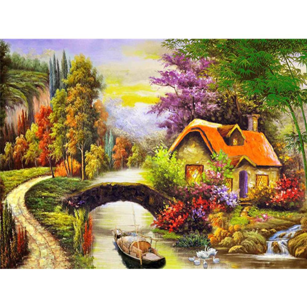 Vollquadrat Diamant Malerei Garten Kreuzstich Diamant Stickerei Landschaft Kirschblüten Mosaik Haus Dekor für Zuhause Full Round 50X70CM hellgrüne