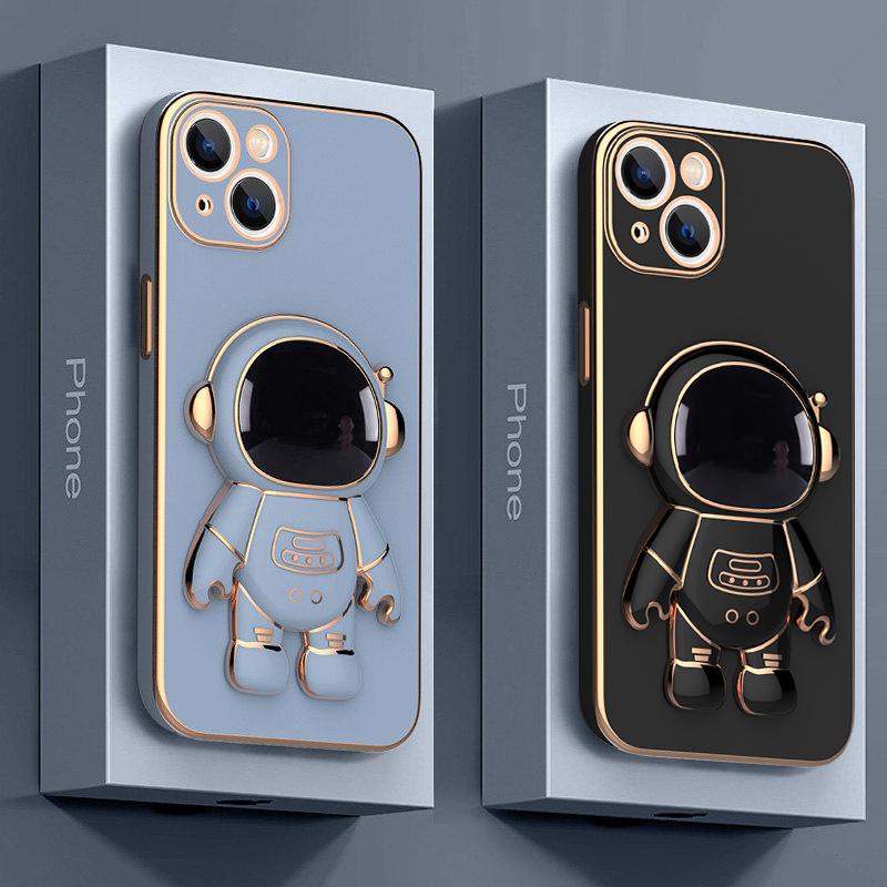 Für iPhone Fall 3D Astronaut Klapp Ständer Halter Fall Für iPhone 13 12 11 Pro Max XS Max 7 8 plus Plating Objektiv Schutz Abdeckung iPhone XS MAX schwarz