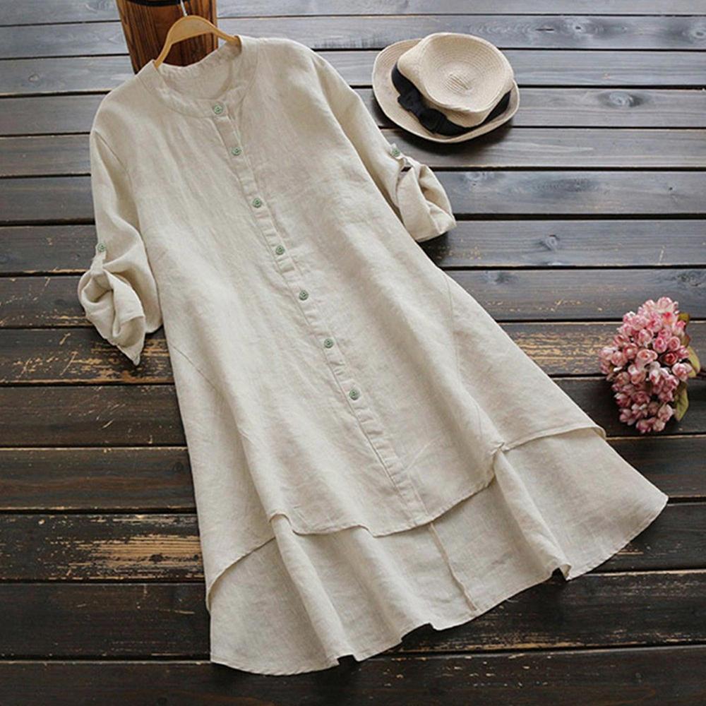 Damen Herbst O-Ausschnitt Baumwolle Leinen Baggy T-Shirt Tops Kleidung Übergroße Damen Casual Bluse T-Shirt Kleidung Übergröße L beige