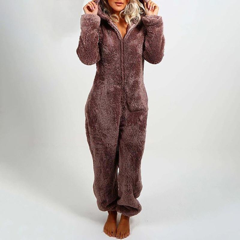 Damen Winter-Overall aus warmem, weichem, flauschigem Fleece mit schlichter Kapuze und All-in-One-Overall S kaffeebraun