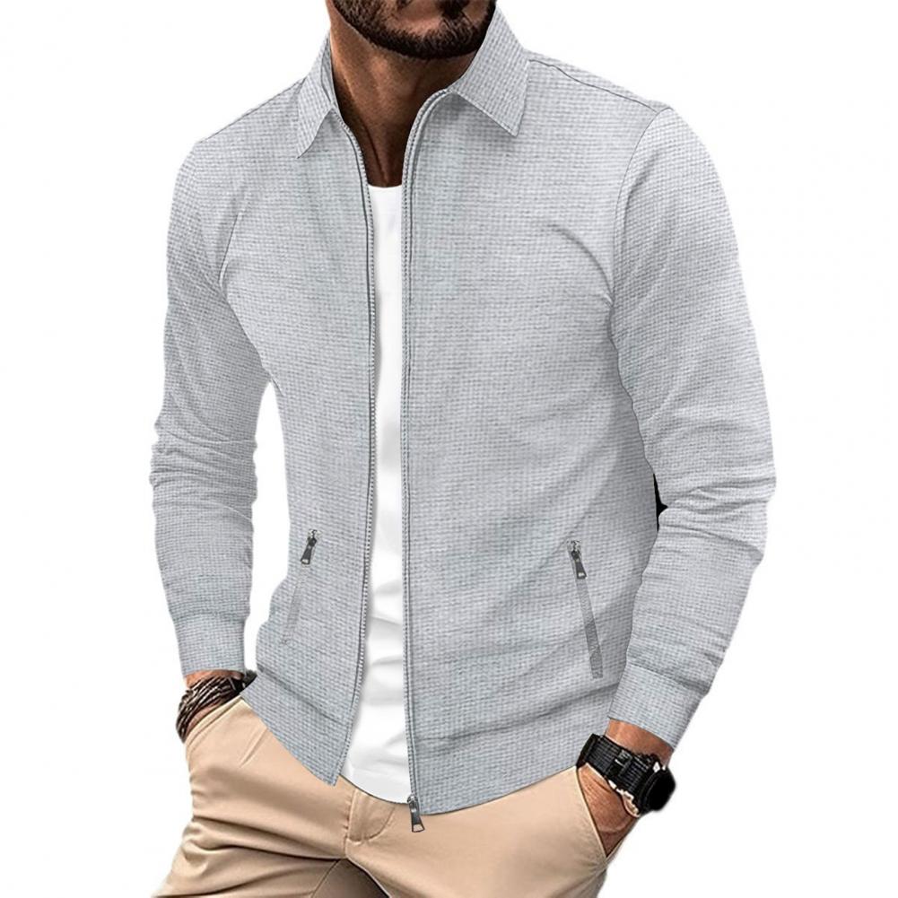 Reversdesign Jacke Stilvolle Herren Zip-up Waffelmuster Jacke mit Revers Reißverschlusstaschen für Frühling Herbst Winter für Herren XXXL grau