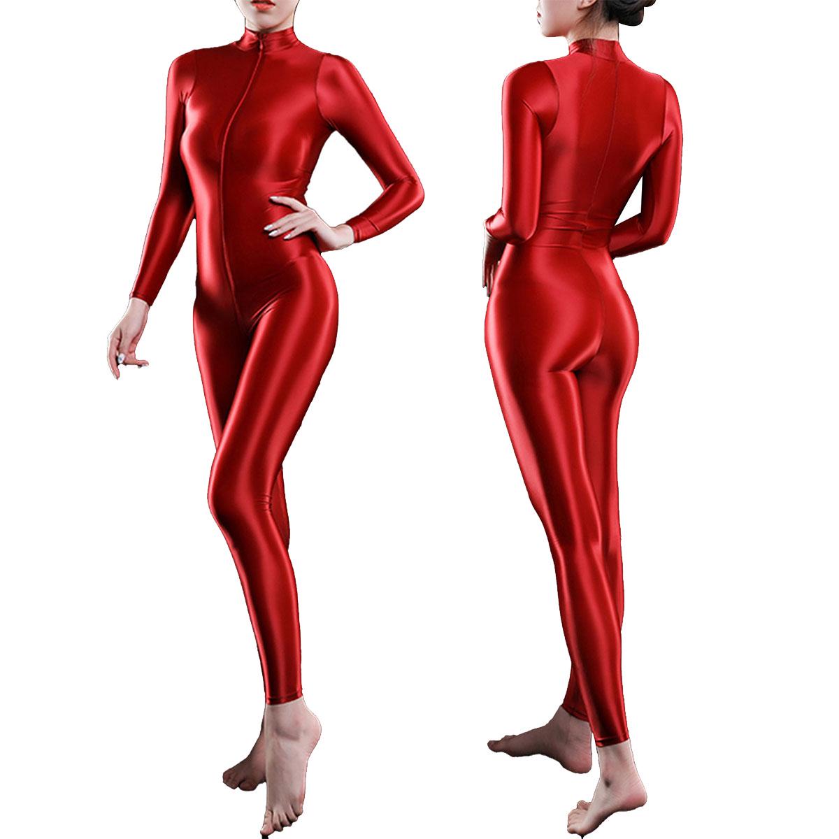 Einteiliger, glänzender, langärmliger, glatter Leotard-Bodysuit mit Doppelreißverschluss für Damen und Catsuit One Size rot