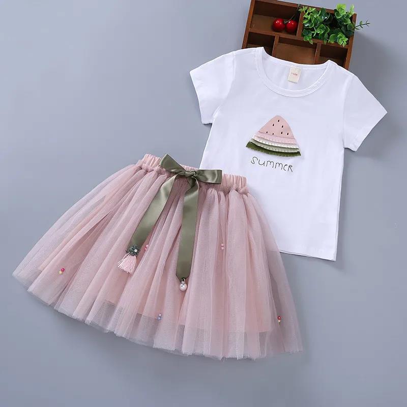 Zweiteiliger Anzug, Sommer-Mädchen-Anzug, dünner Kurzarm-Rock-Anzug für Kinder, Baby-Baumwolle 100 rosa