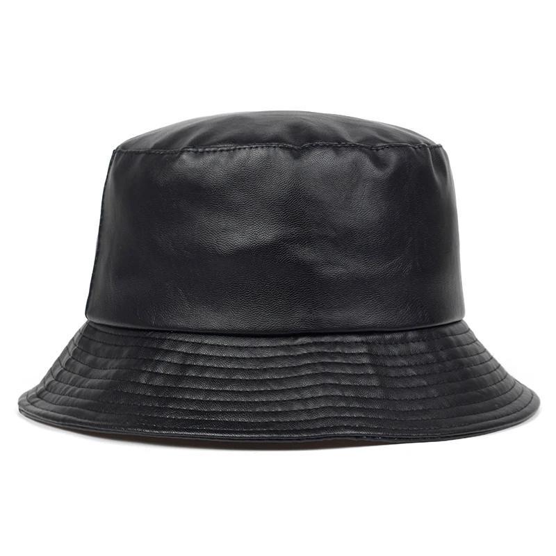 Bucket Hat Kunstleder Bucket Hats PU-Leder Solid Top Herren- und Damenmode Bucket Cap Panama Fisherman Caps schwarz