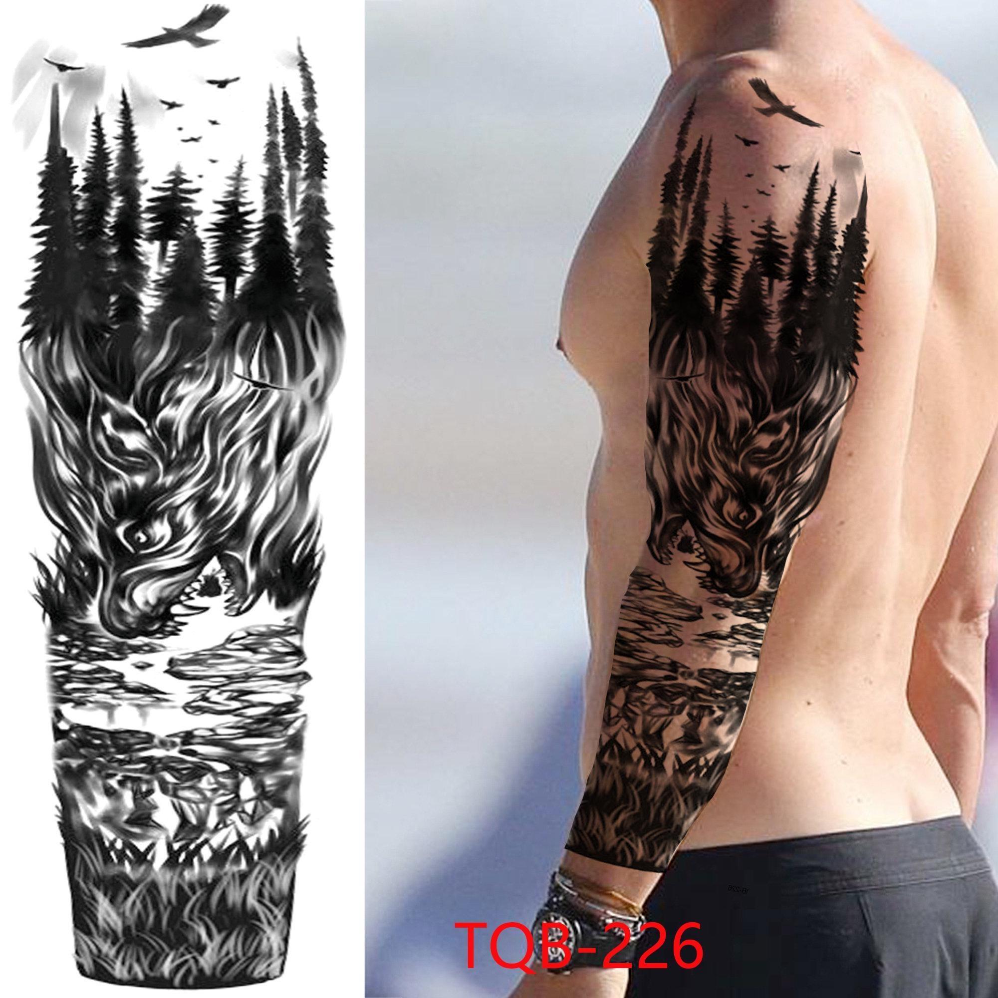 1 STÜCK 480*170 MM Temporäre Tattoo-Ärmel Für Männer Frauen Super Großer Kompass Wolfskopf Auge Gefälschte Löwengott Feder Tattoo Vollen Arm Tattoo Aufkleber TQB-226