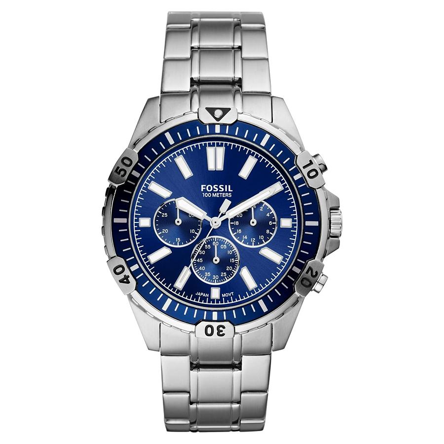 Fossil Garrett Herren Chronograph Uhr - Blaues Zifferblatt Edelstahlarmband FS5623 silber