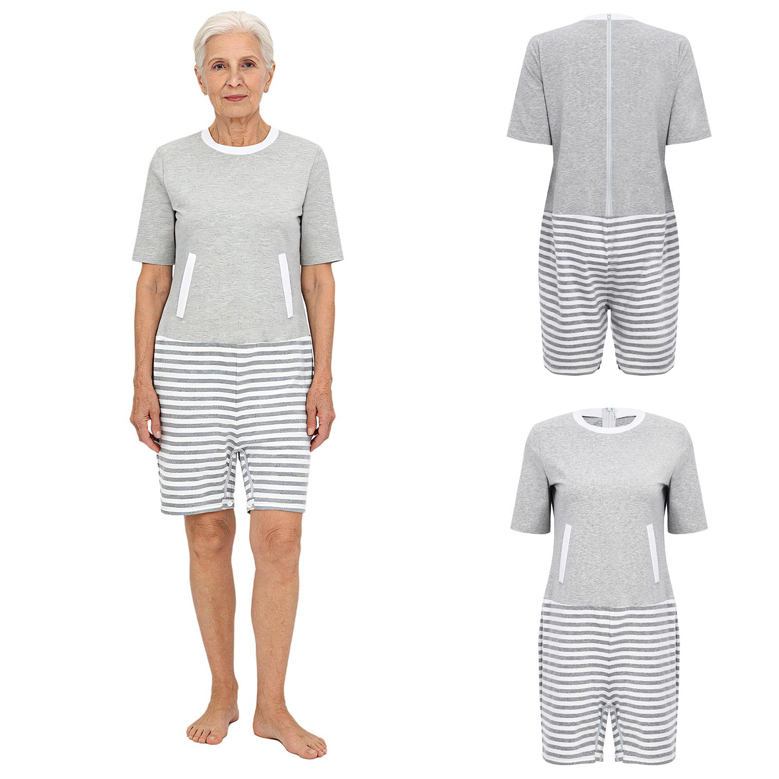 S-XXL Damen Ältere Adaptive Overall mit Reißverschluss hinten und im Schritt Colorblock Anti-Strip Strampler Bodysuit für Alzheimer-Patienten mit Besonderem Bedarf M grau