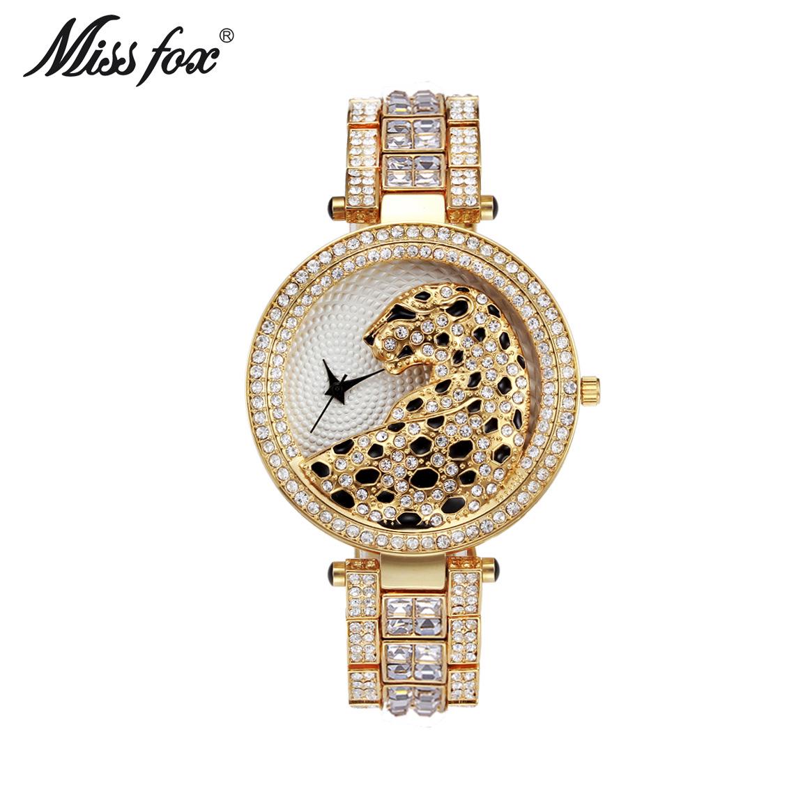 MISSFOX Damen Quarz Uhr Mode Bling Lässige Damenuhr Weibliche Quarz Gold Uhr Kristall Diamant Leopard Für Frauen Uhr gold