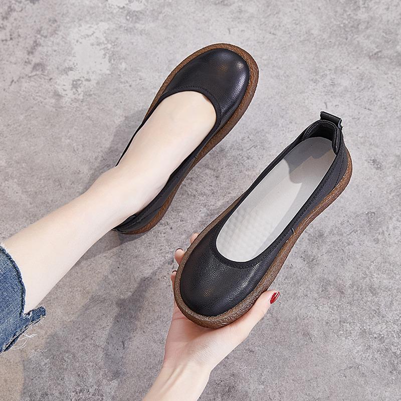 Flache Sommerschuhe aus echtem Leder für Damen aus Hongkong – 2025 neuer Mori-Girl-Stil mit Rindsledersohle 38 schwarz