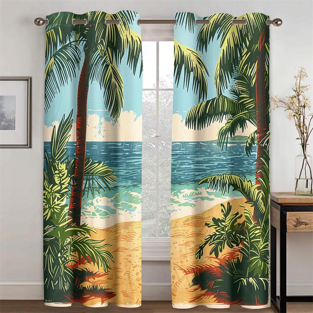 Vorhang mit Strandszene im Vintage-Stil, Palmen, Küste, passend für Schlafzimmer, Wohnzimmer, Küche, Balkon, Fensterdekoration, 2 Paneele 50W130H(CM)X2PCS&Hook