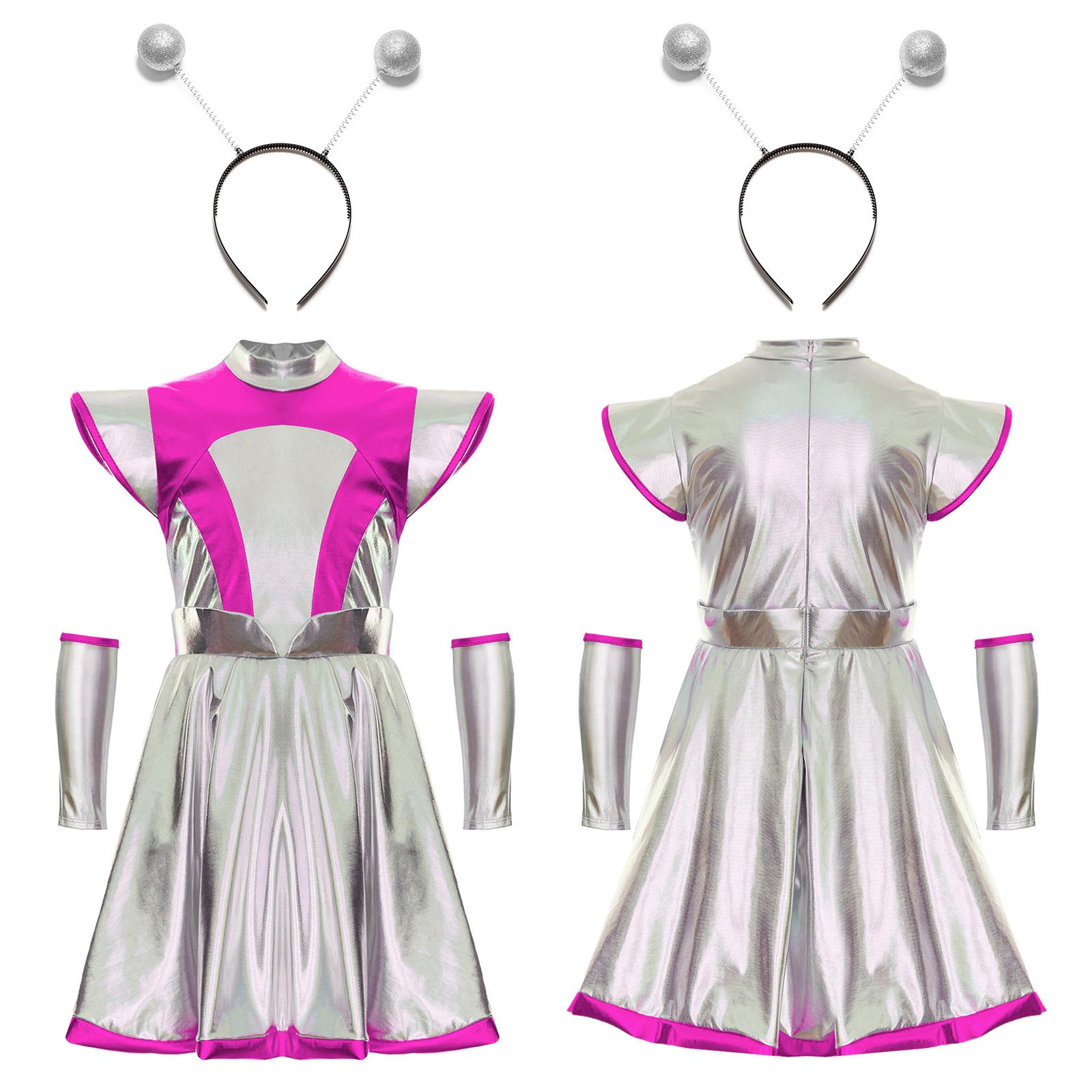 3-teiliges Halloween-Kostüm für Kinder, Mädchen, Alien-Cosplay-Kostüm, Weltraum-Kleid mit Armmanschette und Haarreifen-Zubehör 7-8 Years rosa