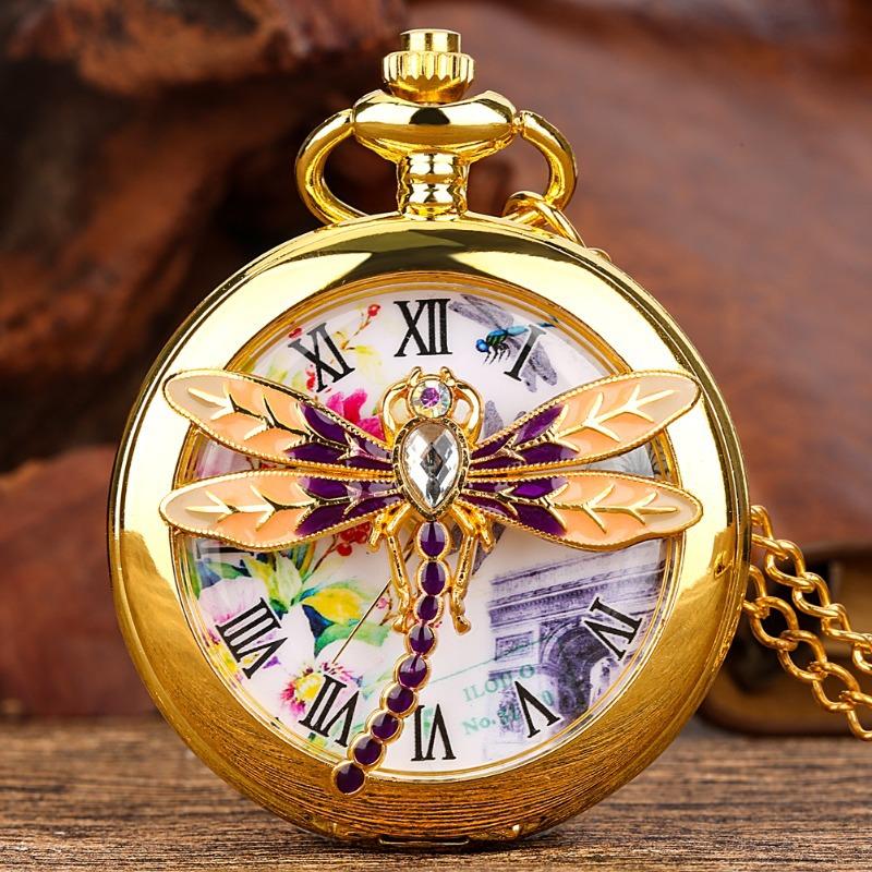 3D Libelle Hohl Quarz Taschenuhr Pullover Halskette Anhänger Uhr gold