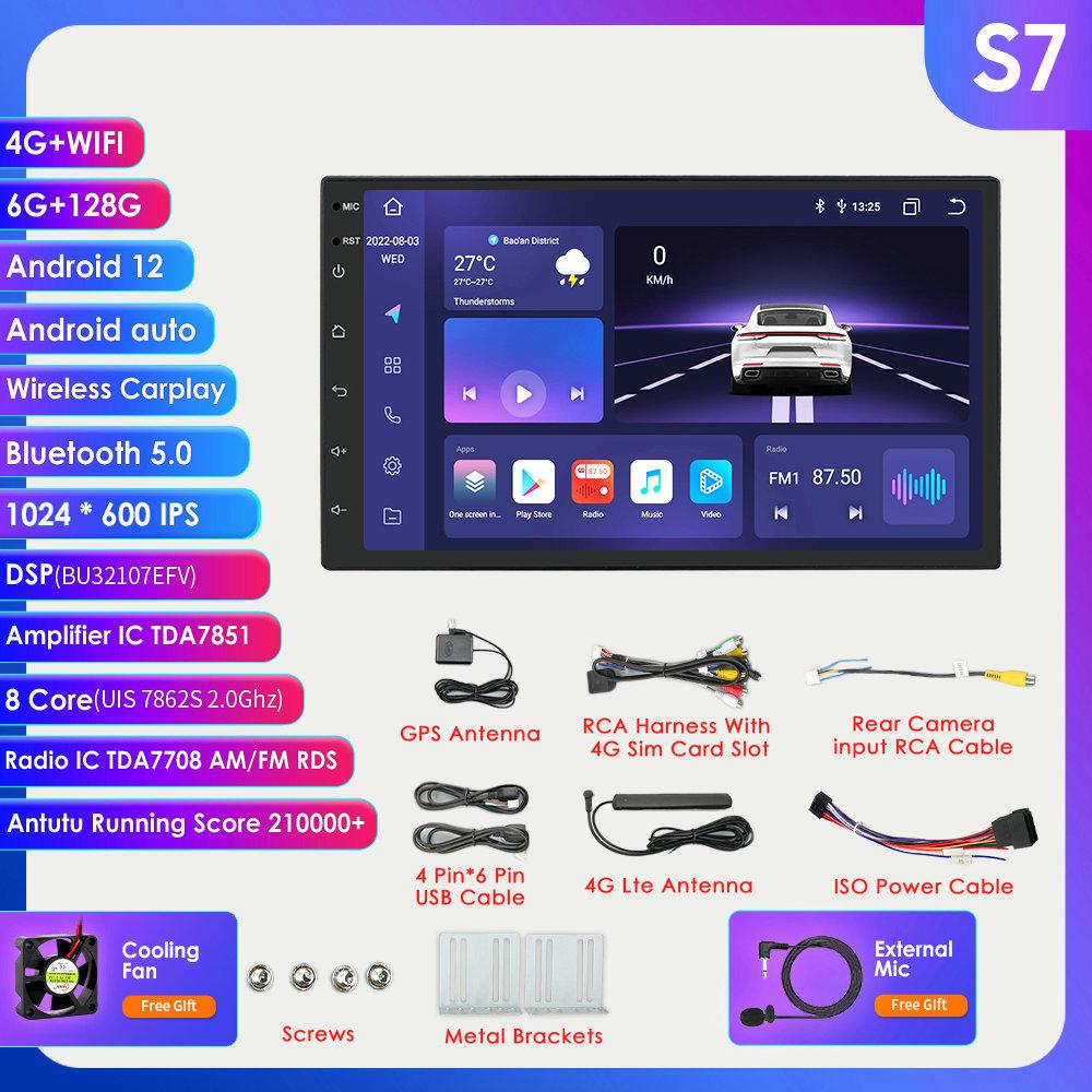Autoradio Hizpo 2 GB + 32 GB Carplay 7 Zoll 2 Din Android Universal Auto Multimedia Player Stereo 2Din Video Autoradio Head Unit Stereo Navigation GPS WiFi S7 8Core 6G 128G