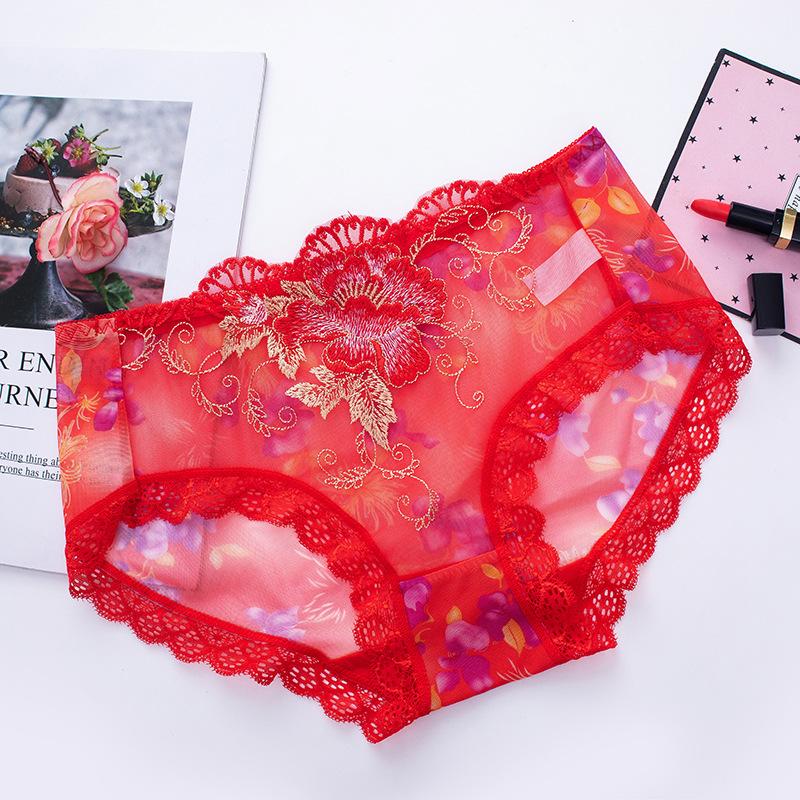 Frauen Sexy Spitze Unterwäsche Mittlere Taille Atmungsaktive Mesh Stickerei Hohl Große Größe Transparent Damen Unterwäsche L rot