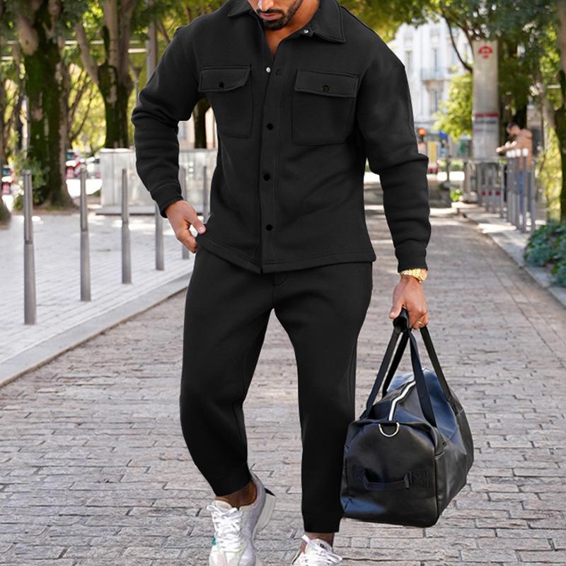 Herren Freizeitjacke mit zwei Taschen und Hose mit Bündchen, passender Trainingsanzug für Outdoor-Bekleidung S schwarz