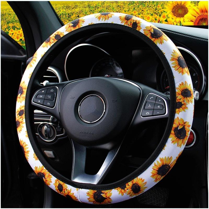 37–38 cm Gänseblümchen-Blumen-Auto-Innendekoration, gestrickte Sonnenblumen-Lenkradabdeckung, universelles Autozubehör, Radabdeckung ohne Innenring White-Sunflower