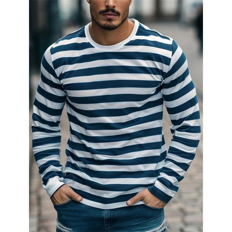 Retro Gestreifte Grafik Langarm T-Shirts Für Herren Schlichte Mode Frühling Herbst 3D Gedruckte T-Shirts Lässige Übergroße T-Shirts Tops L