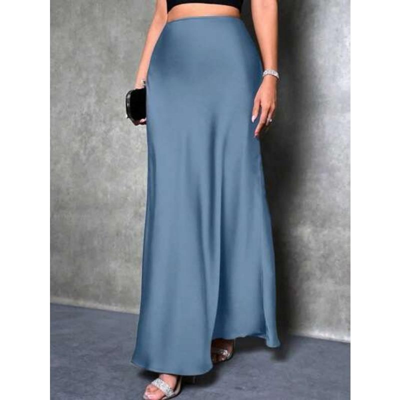 Mode Elegant Locker Damen Satinröcke Frühling und Sommer Neu Einfach Lässig Büro A-Linie Lange Röcke Büro Einfarbig Damenbekleidung S grau-blau