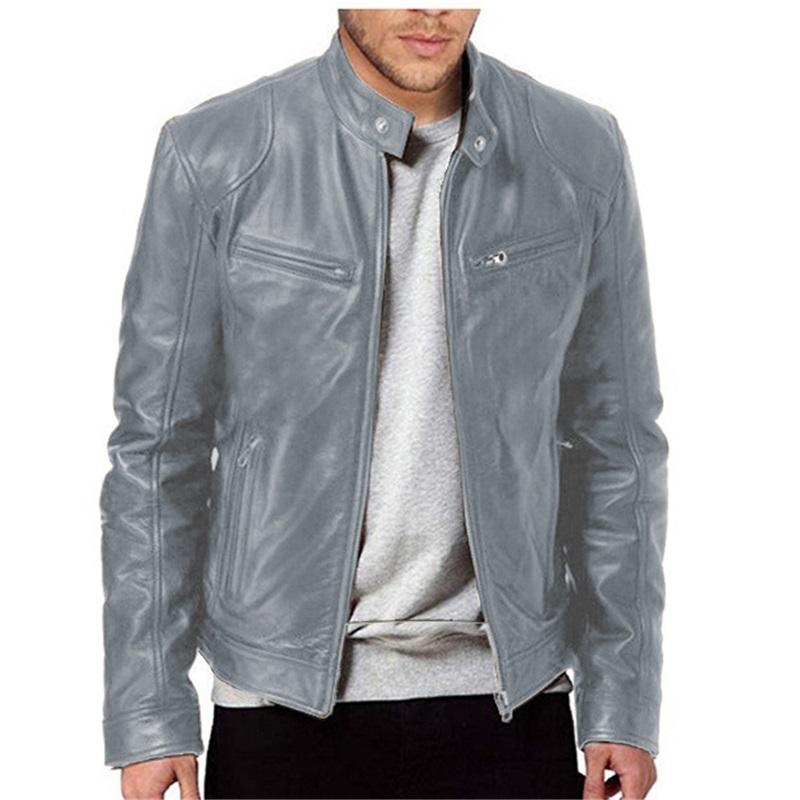 Herren Lederjacke Herren Jugend Stehkragen Punk Herren Biker Lederjacke mit Logo L grau