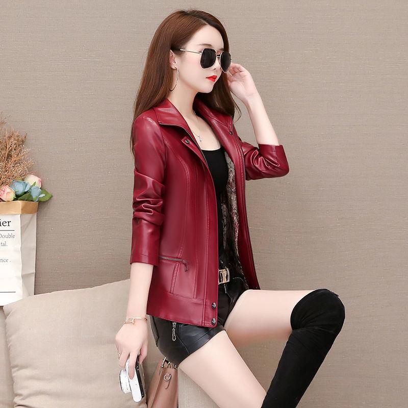 Damen Schaffell Lederjacke Herbst und Winter Kurze Lederjacke Schlanke große Motorradjacke Schaffellmäntel XL wein rot