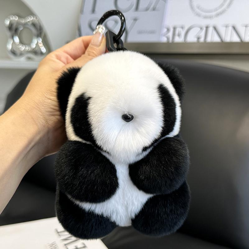Schlüsselanhänger Rex Kaninchenfell Panda Plüschtier Damen Tasche Schmuck Niedlich Echte Pelz Panda Auto Schlüsselanhänger Niedlicher Bär Auto Schlüsselanhänger Mädchen Geschenk 15CM white