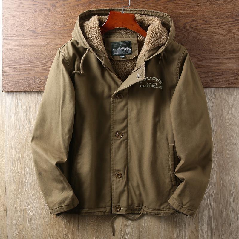 Winter Deck Kleidung Baumwolle gefütterte Jacke mittleren Alters verdickt Samt Werkzeug Jacke Retro Lamm Wolle Jacke Männer M khaki