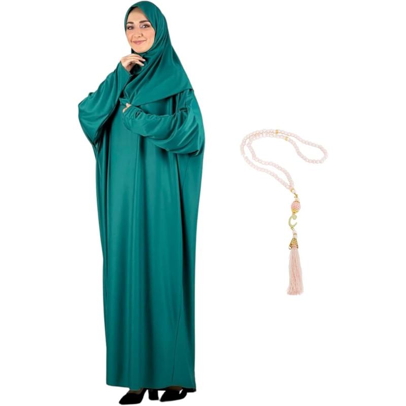 Frauen Gebetskleidung mit Hijab Muslimische Outfits Lange Robe Abaya Türkische Islamische Kleider Dubai Kaftan mit Rosenkranz grün