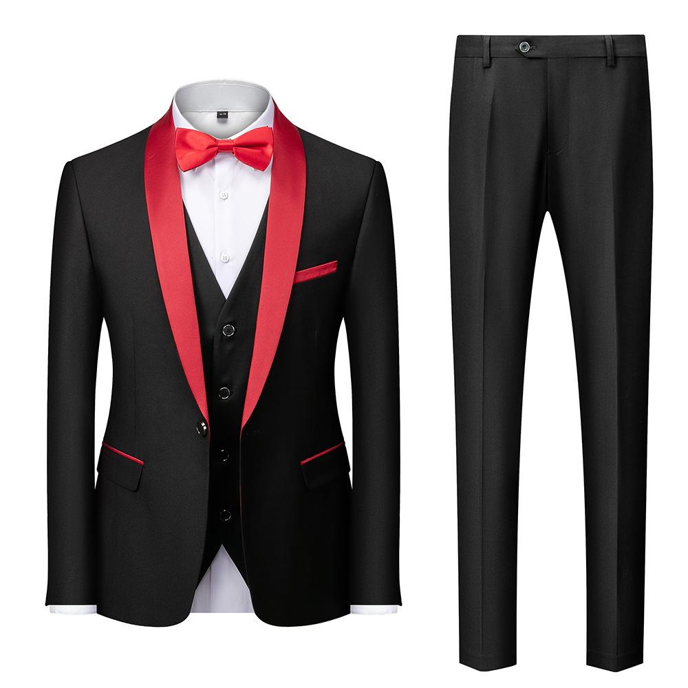 Herrenanzug mit Revers, schwarzer Kragen, 3-teilig, Mantel, Weste, Hose/Business, Trauzeugen, Bräutigam, Hochzeitskleid, Blazer, Hose L rot