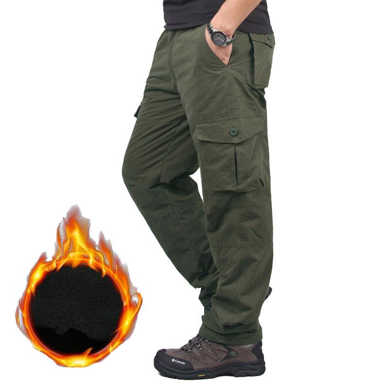 Winter Dicke Fleece Cargohose Herren Baumwolle Casual Hose Doppellagig Plus Samt Warme Thermohose L armee grüne