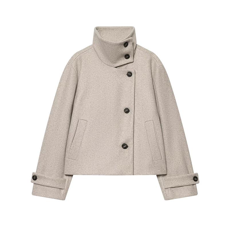 Stehkragen Asymmetrische Damenmäntel Jacke für Damen Wolle Kurze Oberteile Lockere Cropped Jacken Herbst Winter Kleidung Tägliche Outfits L beige