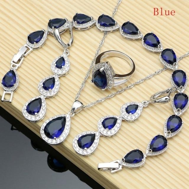 925 Sterling Silber Schmuck Weiß Cz Blau Zirkon Schmuck Sets Für Frauen Ohrringe/Anhänger/Halskette/Ringe/Armband 8.5 blau