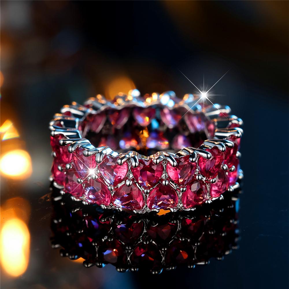 Kristall Rosa Roter Zirkon Stein Herz Verlobungsringe Für Frauen Kupfer Farbe Eheringe Schmuck Party Geschenke 10