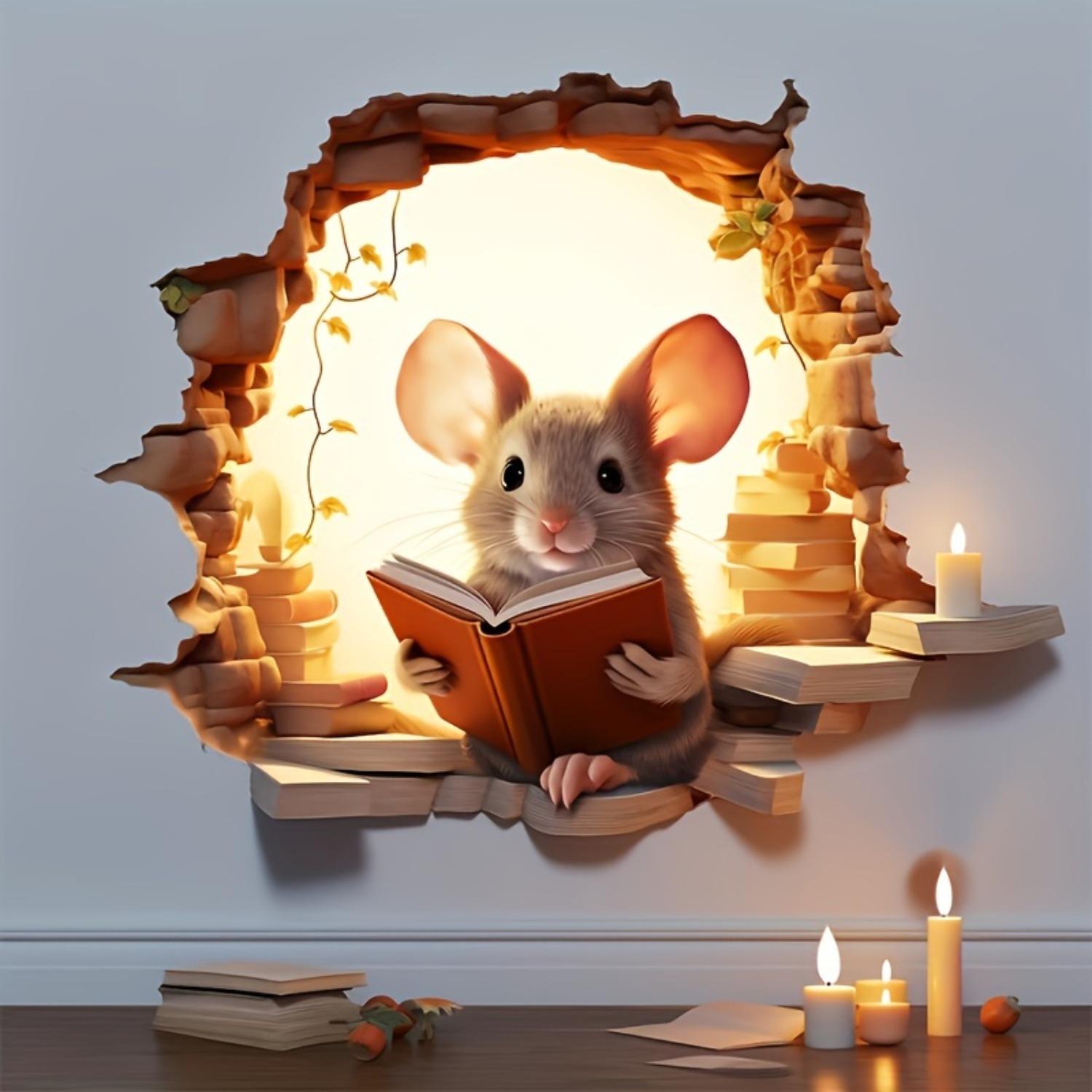 1-teiliges PVC-Wandtattoo mit lesenden Mäusen, herzerwärmendes Tiermuster, selbstklebender, entfernbarer, wasserdichter Vinyl-Wandaufkleber. Mice Read Books A 4.72*4.72inch