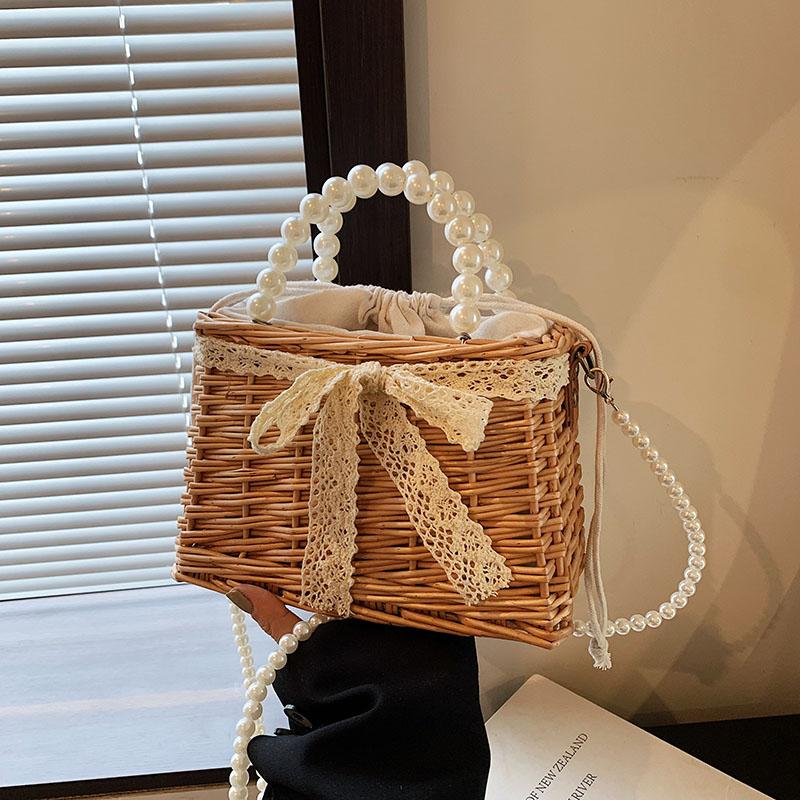 Rattan Flecht Tasche Sommer Neue Handgemachte Tasche Retro Stil Perlen Handheld Damen Tasche Kette Diagonale Umhänge Handy Tasche