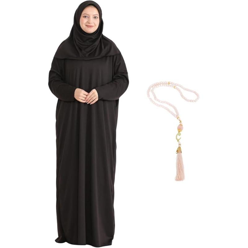 Frauen Gebetskleidung mit Hijab Muslimische Outfits Lange Robe Abaya Türkische Islamische Kleider Dubai Kaftan mit Rosenkranz dunkelbraune