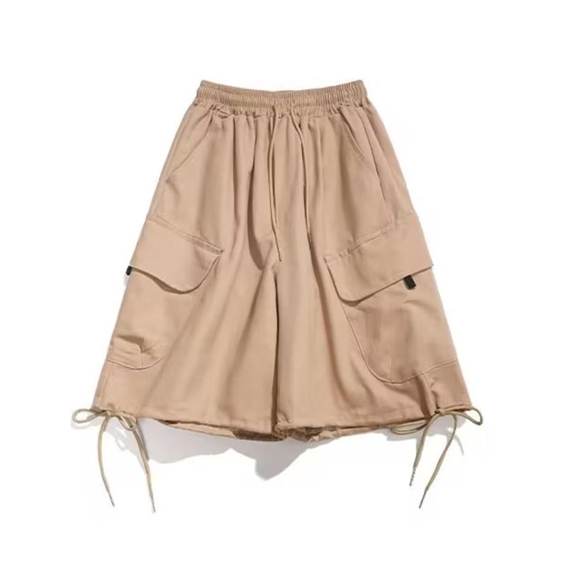 Sommer Kordelzug Cargo-Shorts Frauen Ins Trend Streetwear Vintage Breite Bein Halbe Hosen Plus Größe Lose Beiläufige Hosen 2XL khaki