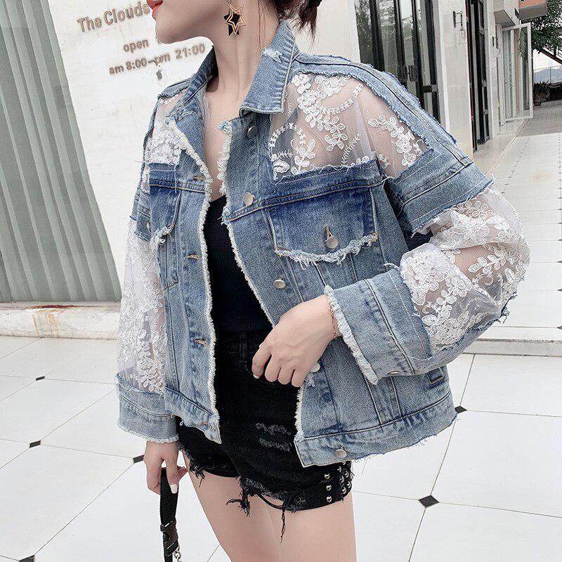 Jeans Jacken Sommer Langarm Große Größe Damen Mantel Lose Spitze Patchwork Top Damen Denim Mantel XL blau
