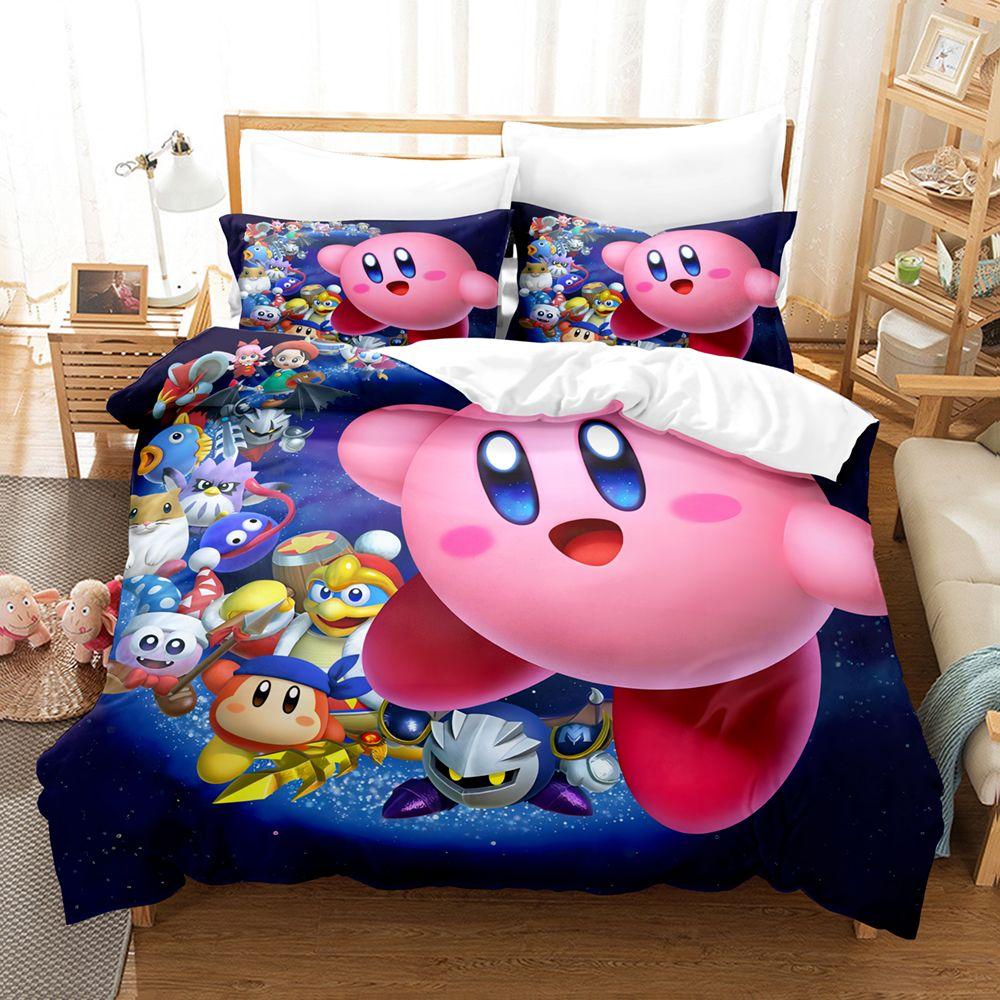 Bettbezug Kirbys Star Allies 3D Exquisites Spiel Anime Digitaldruck Bettwäsche Set Steppdecke Bett Jugend Heimdeko Kinder Jungen Geschenk 100x135cm