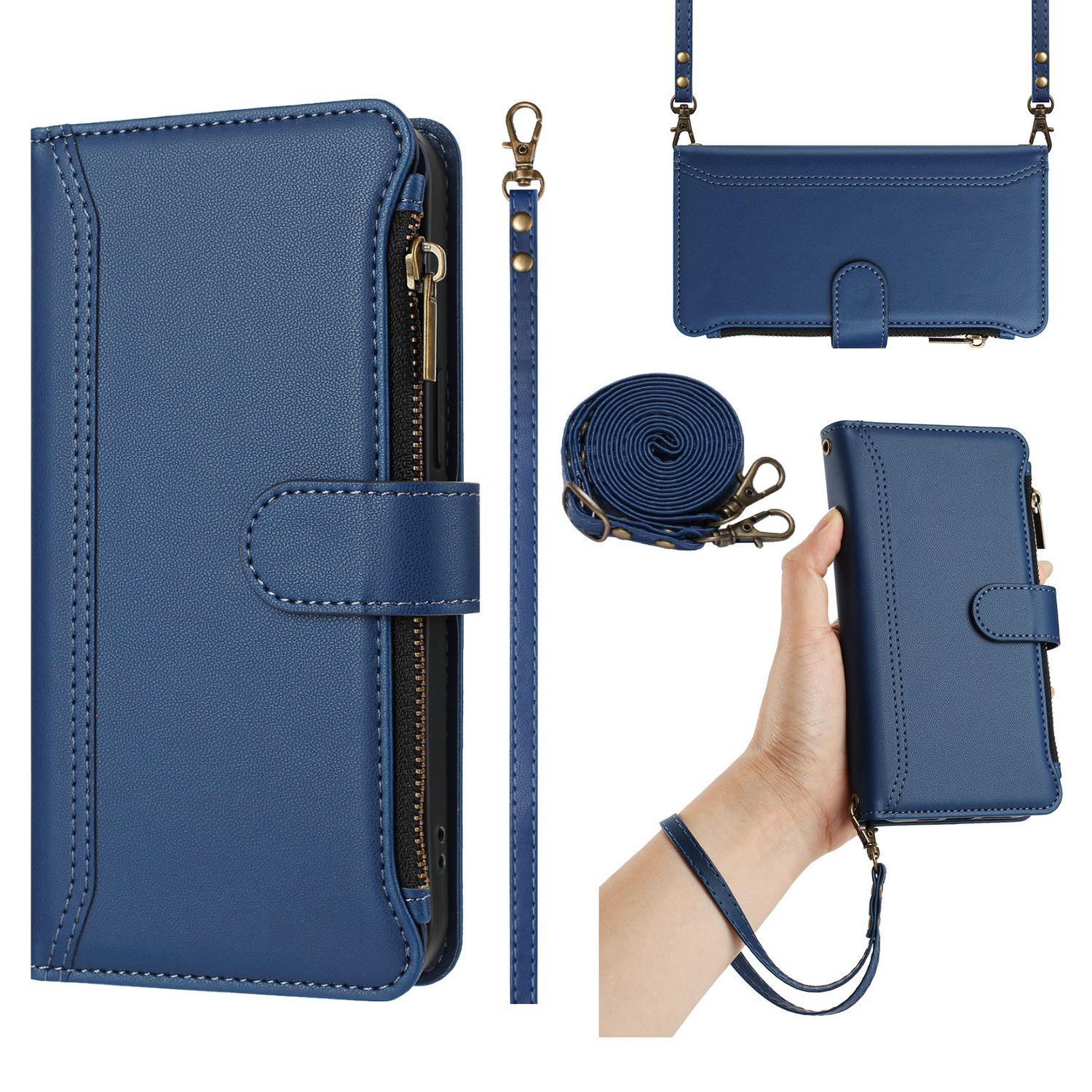 Leder Wallet Klapphülle für Samsung Galaxy S26 S25 S24 S23 S22 S21 S20 Ultra Plus FE Edge S10 S9 S8 S7 Edge Crossbody-Gurt und Handgelenkschlaufe Samsung Galaxy S24 Ultra blau